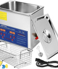 Top Tier Ten Liter Ultrasonic Cleaner With Fast Heat And Digital Timer Pro Grade Forty KHz in stainless steel with basket and tools.