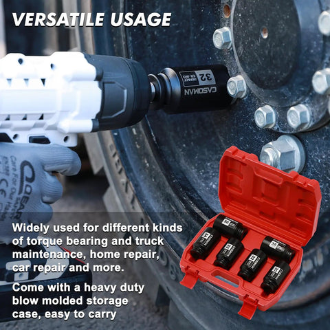 One Half Inch Drive Deep Axle Nut Socket Set, Six Point Impact Sockets 30mm Through 36mm, Six Piece, portable red case