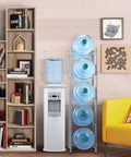 5 Tier Water Jug Rack for 5 Gallon Bottles With Detachable Shelves in a cozy modern living area
