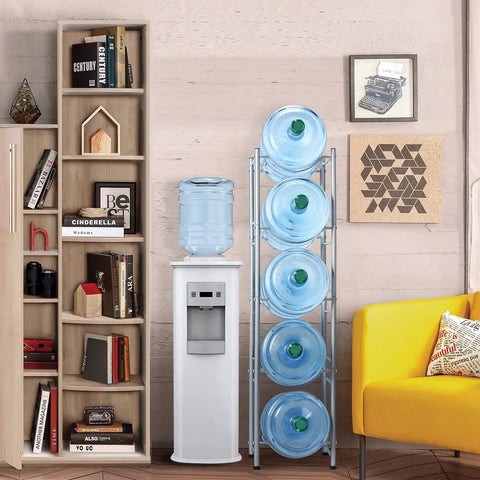 5 Tier Water Jug Rack for 5 Gallon Bottles With Detachable Shelves in a cozy modern living area