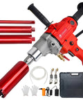 Beefy Diamond Core Drill Rig Handheld Wet And Dry Core Drilling Machine With accessories displayed, red casing, and threaded spindle