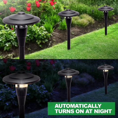 Low Voltage Outdoor Path Lights 8 Pack illuminating a garden walkway, with modern skyline stake lights, waterproof and eco-friendly.