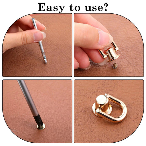 4 Pcs D Rings For Purse Heavy Duty 360 Degree Rotatable Metal Hardware Stud Screw Ball Rivets With Punch Purse Making Supplies Crossbody Conversion Kit Diy Handbag Leather Straps Dog Collar Gold, gold D-ring with punch on leather