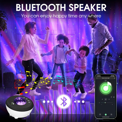 Family dancing with vivid lights from Galaxy Light And Aurora Projector 4 In 1 With Alexa Compatibility, Bluetooth Speaker, White Noise Machine