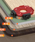 Professional Grade Aluminum Router Templates And Jigs For Woodworking, showing precision corner radius router tool on wood.