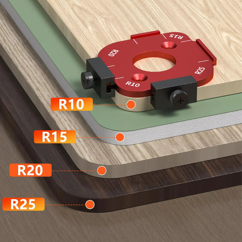 Professional Grade Aluminum Router Templates And Jigs For Woodworking, showing precision corner radius router tool on wood.