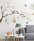 Dope Chinese Style Wall Decal With White Magnolia Blossoms Black Tree Flying Birds And Moon Calligraphy Removable DIY Murals 50x74 Inches