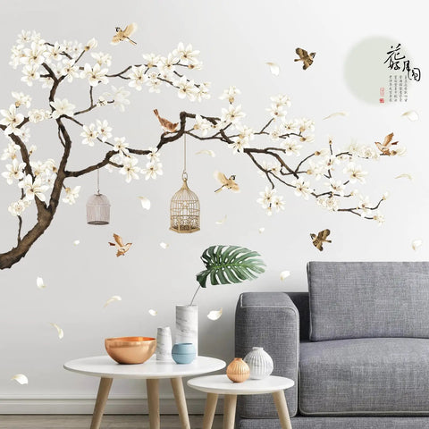 Dope Chinese Style Wall Decal With White Magnolia Blossoms Black Tree Flying Birds And Moon Calligraphy Removable DIY Murals 50x74 Inches