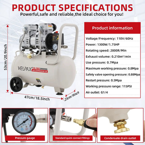 8 Gallon Oil Free Air Compressor Ultra Quiet 68dB Noise Level 1.75 HP Motor 110V 1300W High Pressure Output Perfect For Spray Painting Auto Repair And Garage Woodworking Tasks