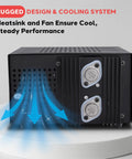 Universal Benchtop Power Supply with 10 Amp Linear Regulation AC-to-DC Converter, shown with cooling system, rear view