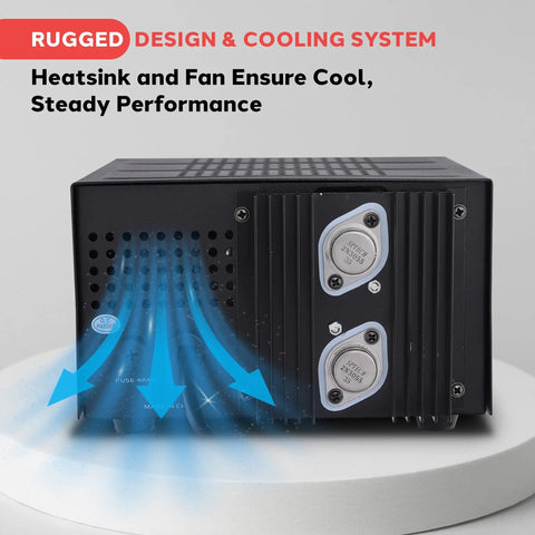 Universal Benchtop Power Supply with 10 Amp Linear Regulation AC-to-DC Converter, shown with cooling system, rear view