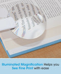 2 In 1 Sewing Machine Light With Clip On Lamp And Magnifier showing illuminated magnification on book text