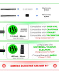 Diagram showing compatibility of Five Pack 1.25 Inch Vacuum Extension Wands With 1.38 Inch To 1.25 Inch Hose Adapter for 32mm and 35mm vacuums.