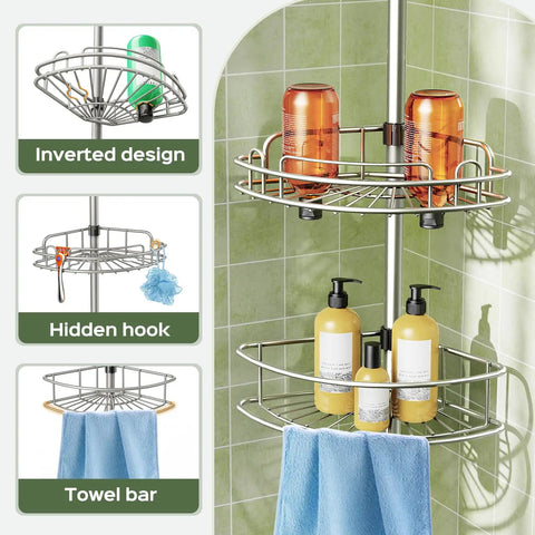 Heavy Duty Four Tier Corner Shower Caddy Telescoping Tension Pole Quick Adjust Shelves Bathroom Storage Rustproof Non Slip Shampoo Holder Built Like A Tank And Stays Put