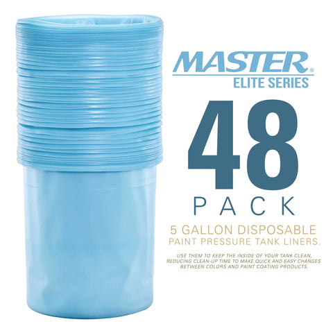 Stack of 48 blue five gallon paint pressure pot tank liners in packaging, labeled for Master Elite Series.