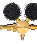 Brass nitrogen regulator with dual black circular top components and side fittings