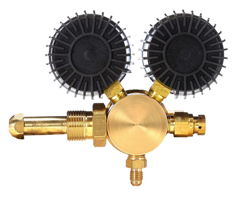 Brass nitrogen regulator with dual black circular top components and side fittings