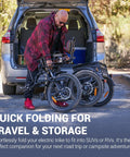 Beast Of A Ride Folding Three Wheel Electric Trike For Adults With Peak 1400W 90 Mile Range 20Ah 48V Battery UL2849 Certified Step Through Frame Differential Parking Brake Red Easy Fold, folded next to SUV