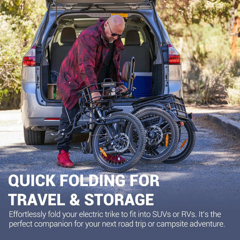 Beast Of A Ride Folding Three Wheel Electric Trike For Adults With Peak 1400W 90 Mile Range 20Ah 48V Battery UL2849 Certified Step Through Frame Differential Parking Brake Red Easy Fold, folded next to SUV