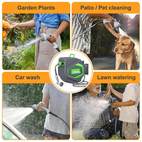 Collage showing Retractable Garden Hose Reel With Auto Rewind 100 Foot No Fuss Easy Lock for various uses: garden, car, pets.