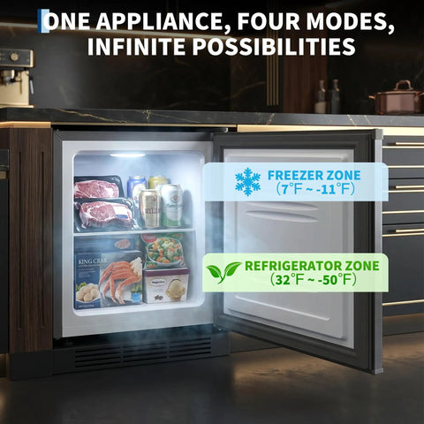 One Point One Cubic Foot Upright Freezer With Single Door And Adjustable Shelf In Matte Black showing organized storage for frozen groceries and drinks.