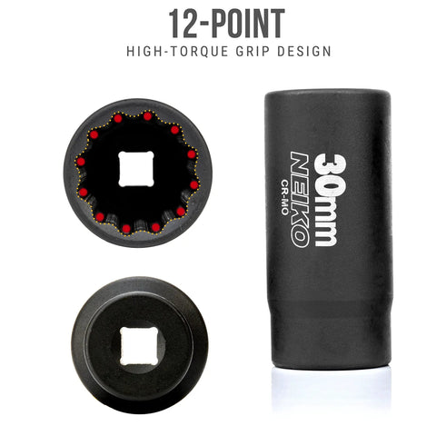 30mm Deep Impact Socket for Half Inch Drive Heavy Duty Cr Mo Chrome Moly with Black Phosphate Coating 12 Point Triple Square Axle Nut Remover for Spindle and Axle Hub