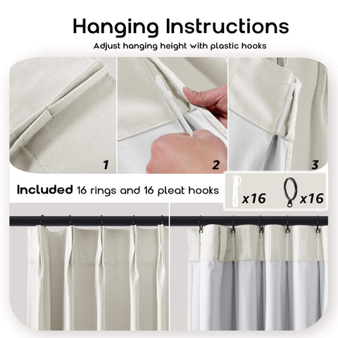 Hanging instructions for Cream Blackout Curtains With Matte Polished Finish And Pinch Pleat Linen Texture, showing hooks and rings.
