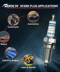 Torch Iridium Star spark plug with application uses in automotive, motorcycles, marine, industrial engines, and lawn and garden.