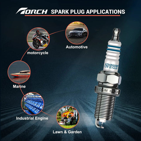 Torch Iridium Star spark plug with application uses in automotive, motorcycles, marine, industrial engines, and lawn and garden.