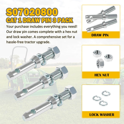 Cat 1 Draw Pin For 3 Point Hitch Tractors, Five And A Half Inch, Three Pack, Heavy Duty Tractor Hitch Pin Set with hex nut and lock washer