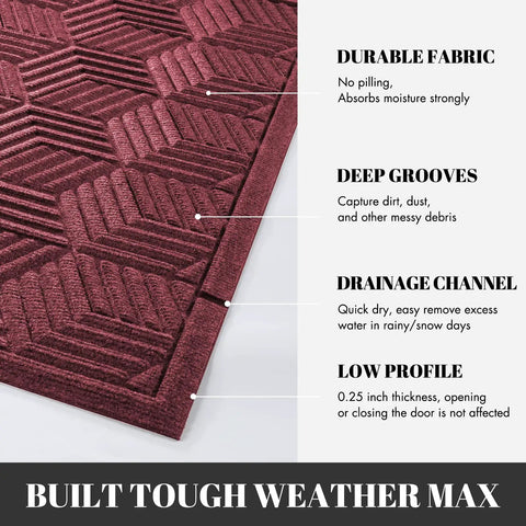 All Season Waterproof Front Door Mat With Drainage Holes For Indoor Outdoor Use Heavy Duty Non Slip Doormat For Entrance Garage Patio And Entryway 29.5 By 17 Inches Red with built tough weather max features and grooves close-up