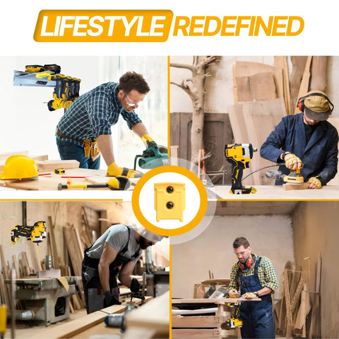 Collage of 9 Pack Tool Holder Wall Mount For DeWalt 20V And 60V Cordless Tools Snap Fit Drill Hanger in workshop settings