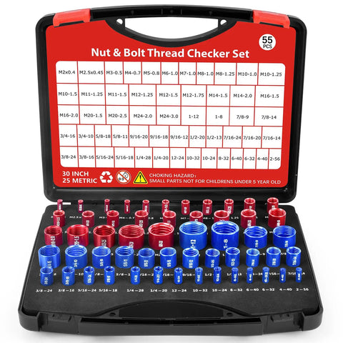 55 Piece Thread Gauge Set For Nuts And Bolts With 30 Inch Standard And 25 Metric Sizes in open storage box showing gauges