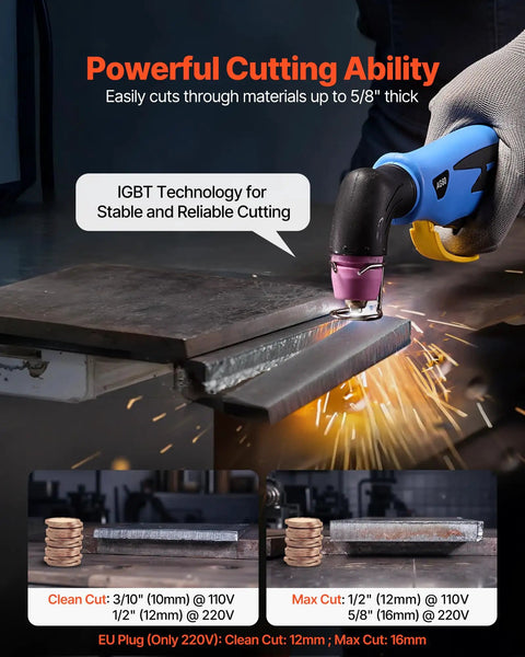 50A Non Touch Pilot Arc Plasma Cutter With Dual Voltage 110V 220V shown cutting metal with precise clean edges, IGBT technology