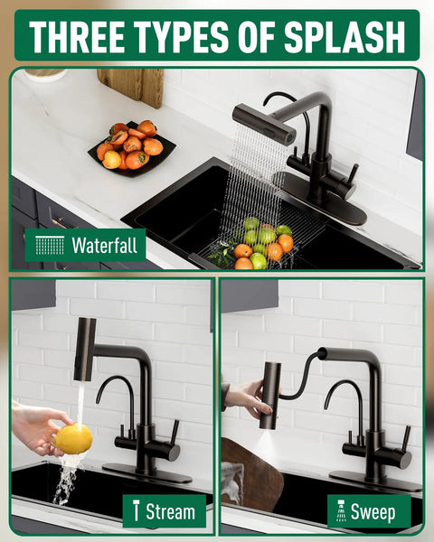 Fapully Pull-Down Kitchen Faucets, 3 Way Kitchen Sink Faucet with Pull Down Sprayer showcasing three splash options in oil rubbed bronze.