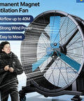 Rock Solid Heavy Duty Mobile Industrial Floor Fan Blasting Maximum High Velocity Air With Truly Whisper Quiet Brushless Motor And Precision Spiral Blades For Zero Dead Zone Cooling Across Any Busy Commercial Warehouse Floor with strong airflow and blue blades.