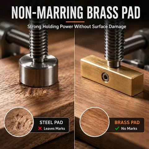 Two Pack Adjustable Bench Dog Clamps For Three Quarter Inch Dog Holes Heavy Duty Workbench Stops With Brass Handles Non Marring Brass Pads Ideal For Woodworking Jig Making Surface And Bar Clamping. Brass pad close-up on wood, no marks