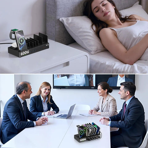 "All In One 15 In 1 Wireless Charging Station With 600W Power Fast Charge Dock used in bedroom and office settings, black"
