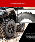 Mud Force ATV Tire Set 25x8-12 Front And 25x10-12 Rear, installed on ATV, showcasing sidewall protection in off-road setting