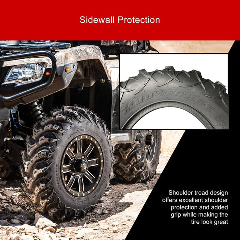 Mud Force ATV Tire Set 25x8-12 Front And 25x10-12 Rear, installed on ATV, showcasing sidewall protection in off-road setting
