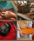 Collage showcasing leather craft projects featuring a leather stitching punch kit and various leather items.