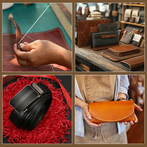 Collage showcasing leather craft projects featuring a leather stitching punch kit and various leather items.