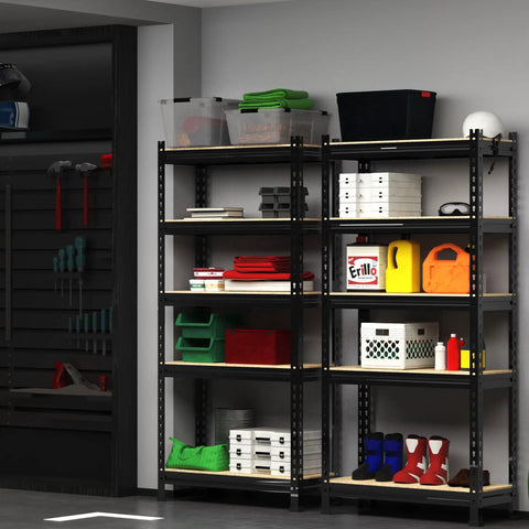 Beefy 5 Tier Adjustable Garage Storage Shelves Rack Heavy Duty Metal Utility Shelf Unit with assorted items, 28W x 12D x 59H