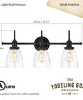 Matte Black Farmhouse Vanity Light And 4 Piece Bathroom Hardware Set With Three Light Fixtures Over Mirror, dimensions shown