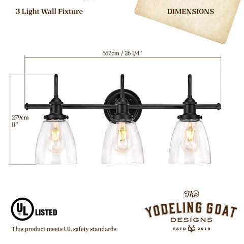 Matte Black Farmhouse Vanity Light And 4 Piece Bathroom Hardware Set With Three Light Fixtures Over Mirror, dimensions shown