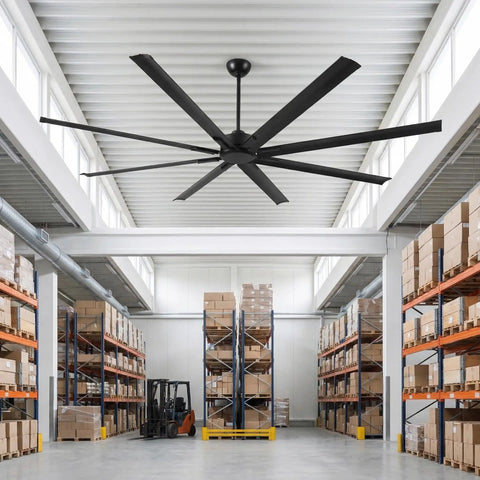 84 Inch HVLS Industrial Ceiling Fan With Heavy Duty Aluminum Blades Rust Proof Coating Quiet DC Motor in a warehouse setting
