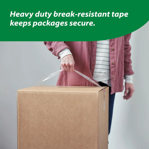 Person carrying box sealed with Heavy Duty Clear Packing Tape For Boxes And Moving Jobs, Super Sticky, Long Lasting Hold.
