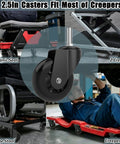 Top Shelf Heavy Duty 6 Pack 2.5 Inch Replacement Caster Wheels For Mechanic Creepers Rollers And Shop Stools visible on mechanic seat.