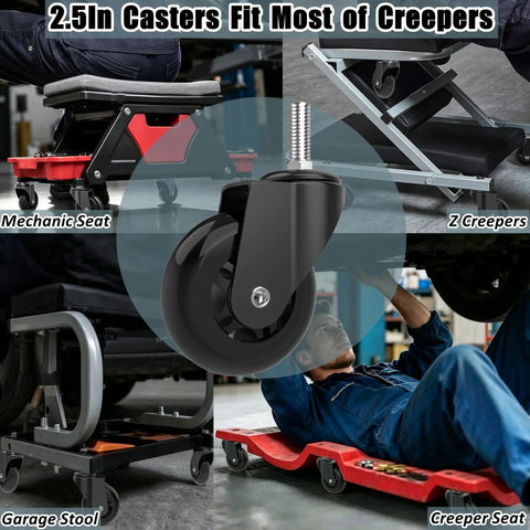 Top Shelf Heavy Duty 6 Pack 2.5 Inch Replacement Caster Wheels For Mechanic Creepers Rollers And Shop Stools visible on mechanic seat.