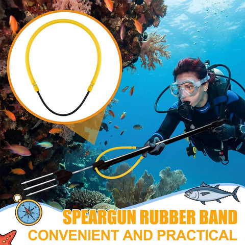 Diver with speargun, using Six Pack Pole Spear Slings for Speargun Rubber Hawaiian Sling Set, underwater scene.